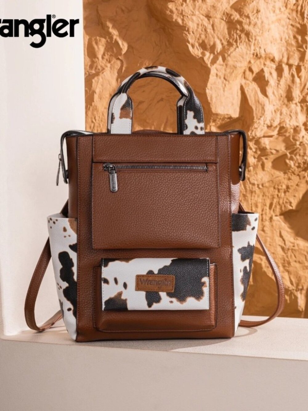 Wrangler Cow Print Tote/Shoulder Bag Convertible Backpack - Brown-Brown